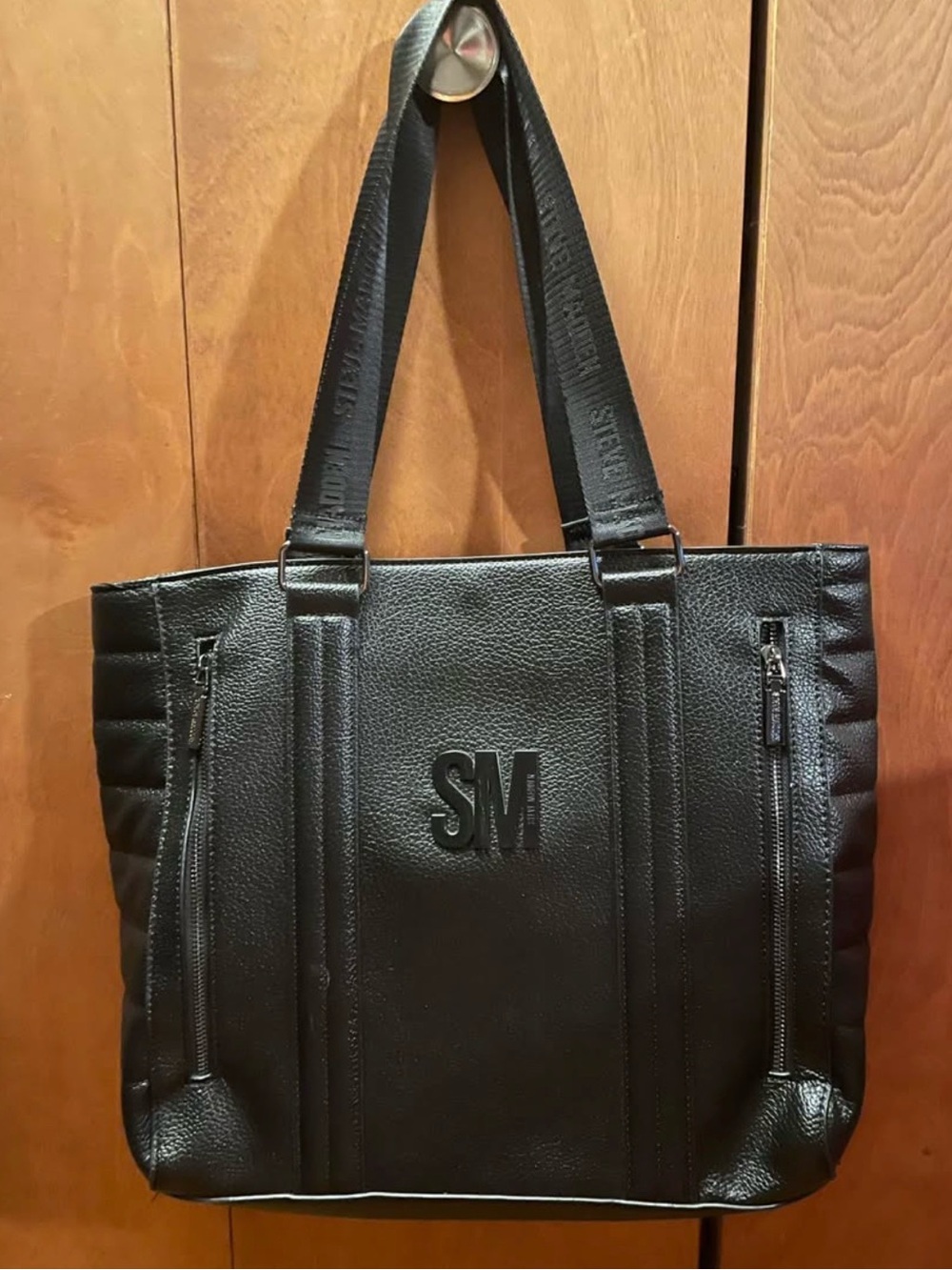 Steve Madden Black Leather-Look Tote with SM Logo
